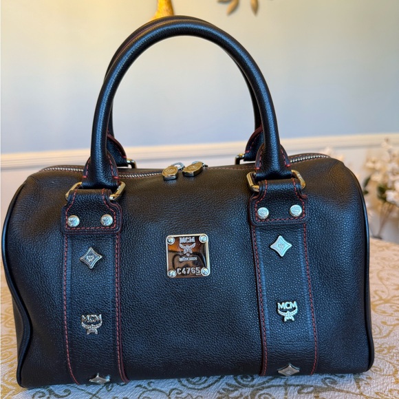 MCM Handbags - MCM Black Leather Satchel with Red Stitching